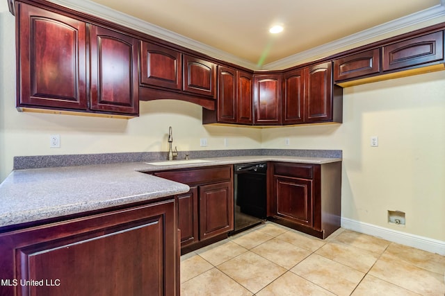 kitchen featuring dishwasher, light tile patterned floors, baseboards, a sink, and reddish brown cabinets