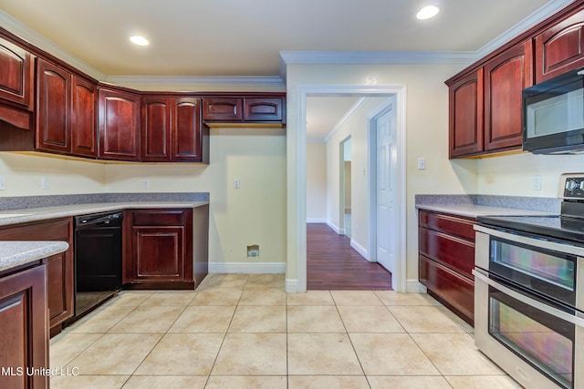 kitchen featuring ornamental molding, reddish brown cabinets, light tile patterned floors, and black appliances