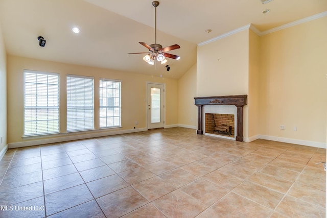 unfurnished living room featuring light tile patterned flooring, a tiled fireplace, vaulted ceiling, and a ceiling fan