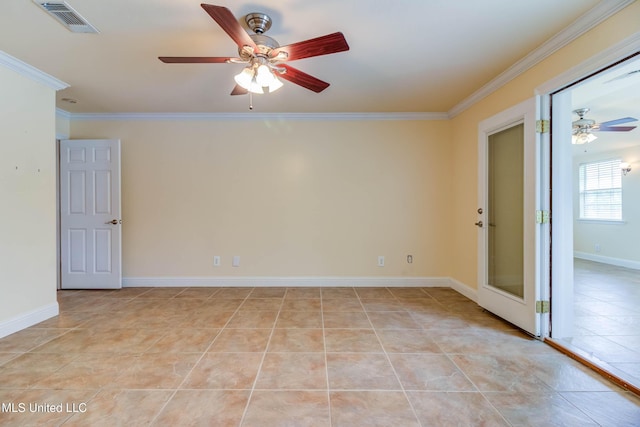 spare room with a ceiling fan, baseboards, ornamental molding, visible vents, and light tile patterned flooring