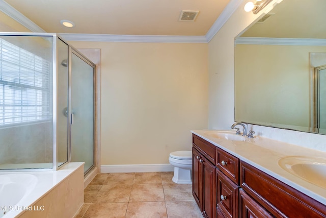 full bath with toilet, a sink, a shower stall, crown molding, and double vanity