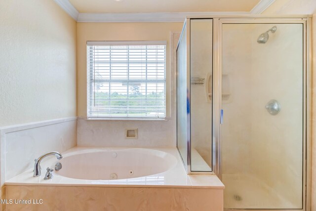 full bath featuring a stall shower, ornamental molding, and a garden tub