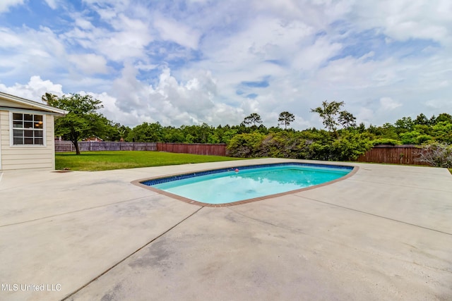 view of pool with a yard, a patio, a fenced backyard, and a fenced in pool