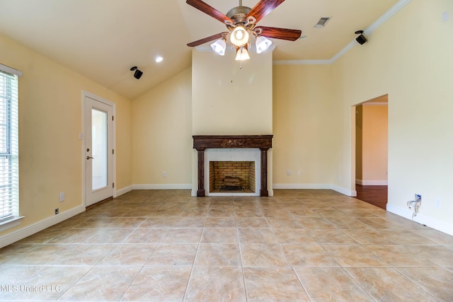 unfurnished living room featuring light tile patterned floors, a fireplace, a ceiling fan, and high vaulted ceiling