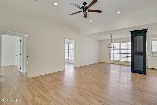 unfurnished room featuring a ceiling fan, recessed lighting, baseboards, and light wood finished floors