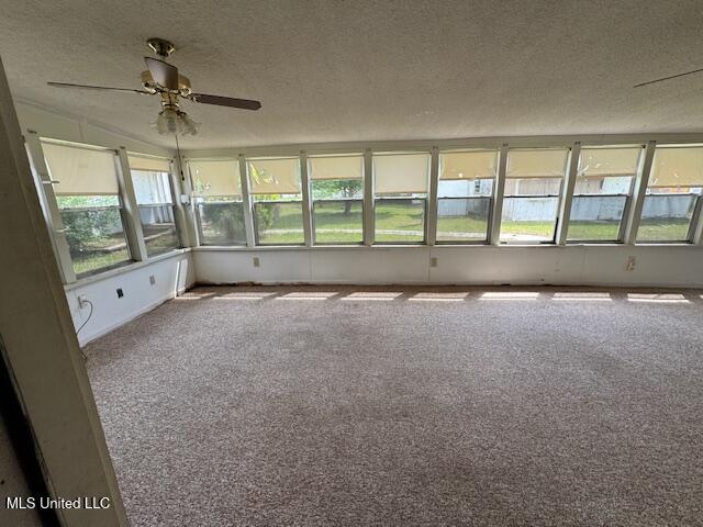 unfurnished sunroom featuring carpet, a ceiling fan, and a textured ceiling