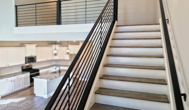 stairway featuring wood-type flooring and sink