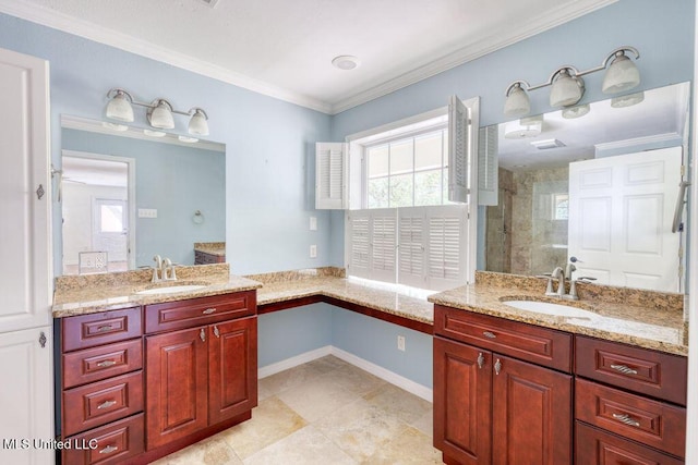 bathroom featuring vanity, an enclosed shower, and crown molding