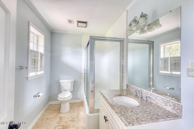 full bathroom with ornamental molding, combined bath / shower with glass door, vanity, and toilet