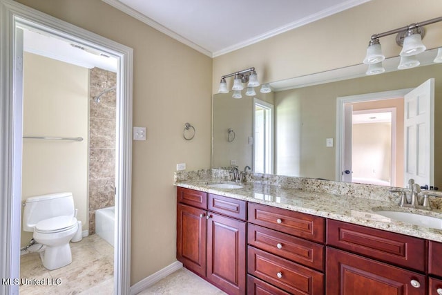 full bathroom featuring vanity, tub / shower combination, ornamental molding, and toilet