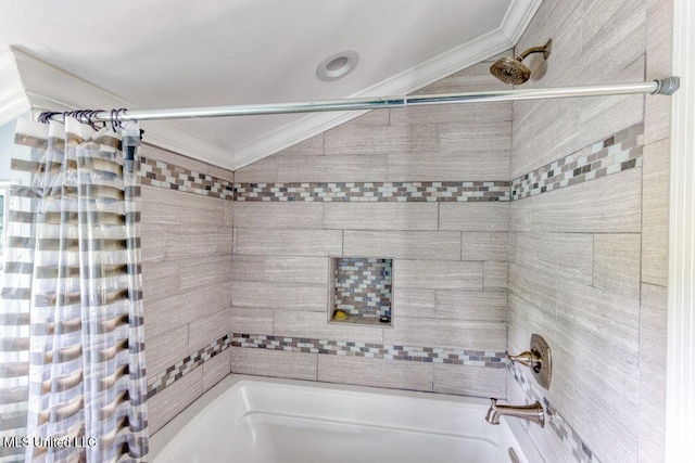 bathroom featuring shower / bath combo and ornamental molding