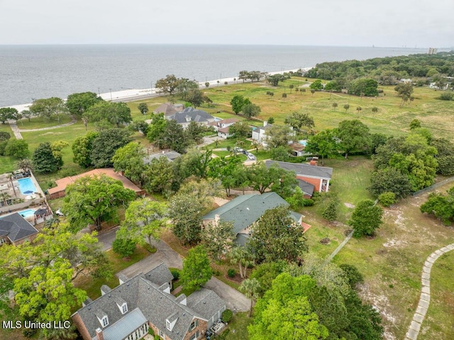 drone / aerial view featuring a water view