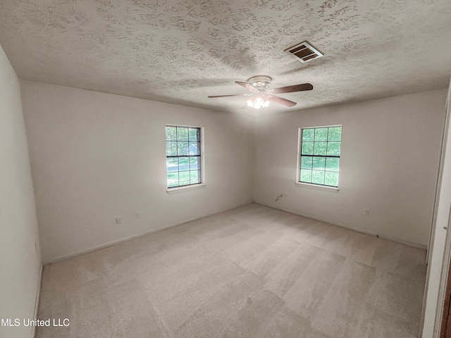 empty room featuring a textured ceiling, plenty of natural light, and light colored carpet