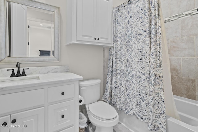 full bath with vanity, shower / bath combination with curtain, and toilet