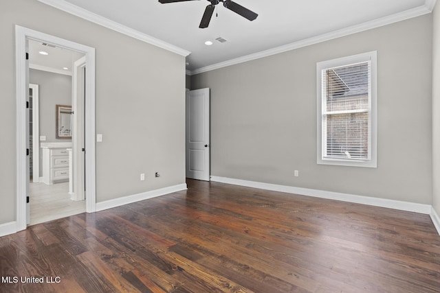 unfurnished bedroom featuring wood finished floors, visible vents, baseboards, recessed lighting, and ornamental molding