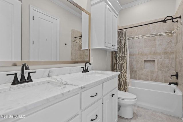 full bath featuring shower / bath combination with curtain, toilet, crown molding, and a sink