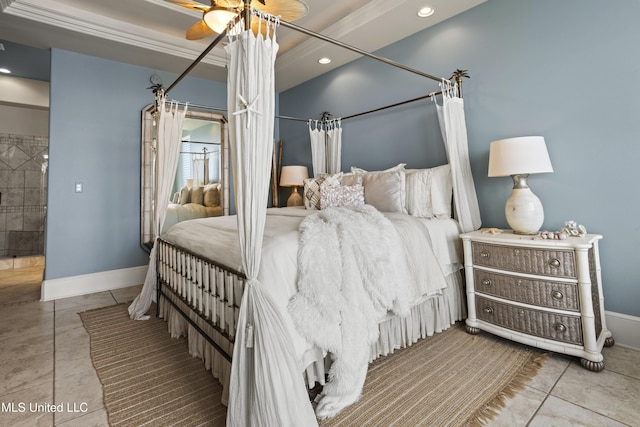 tiled bedroom featuring baseboards, recessed lighting, and a ceiling fan