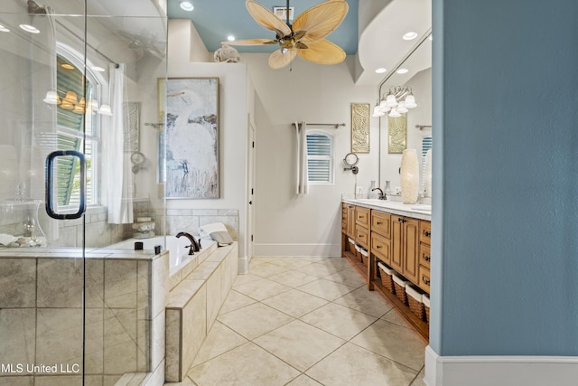 full bathroom featuring a shower stall, tile patterned floors, double vanity, a garden tub, and a ceiling fan