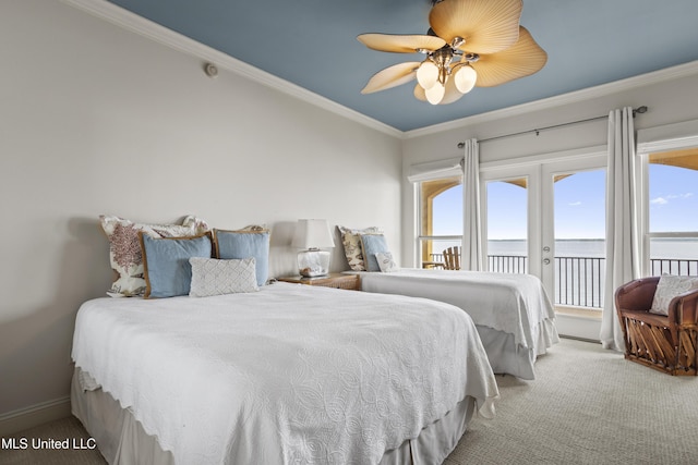 bedroom featuring a water view, access to outside, carpet flooring, multiple windows, and ornamental molding