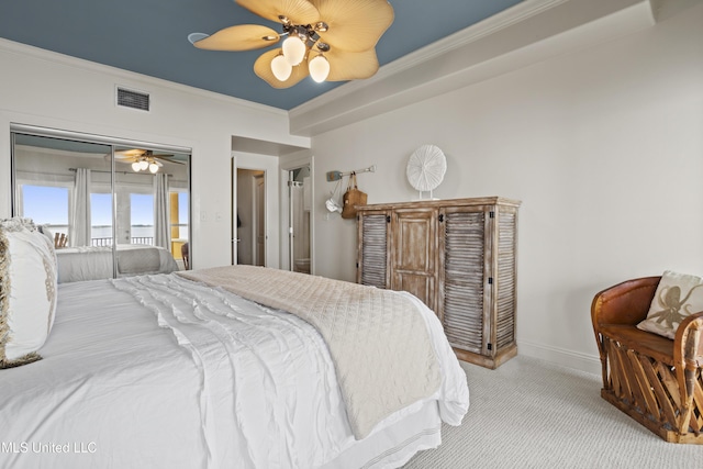 bedroom with carpet, access to exterior, crown molding, ceiling fan, and baseboards