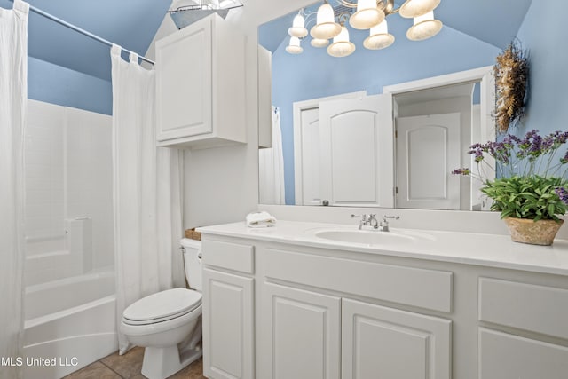 bathroom featuring toilet, vanity, tile patterned floors, shower / bath combination with curtain, and a chandelier