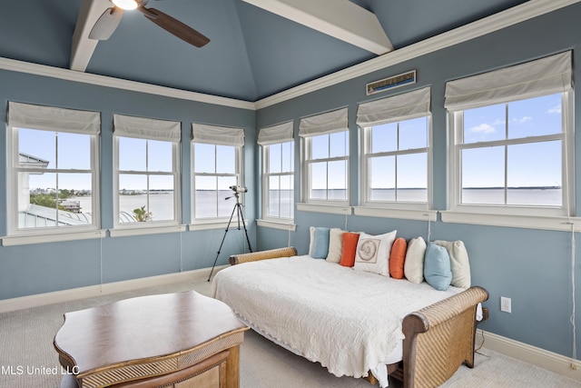 carpeted bedroom featuring vaulted ceiling, multiple windows, baseboards, ornamental molding, and a ceiling fan
