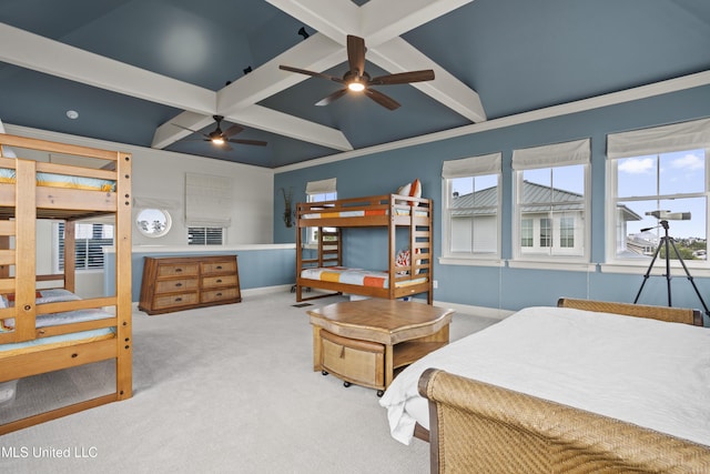 bedroom with coffered ceiling, carpet flooring, baseboards, and beamed ceiling