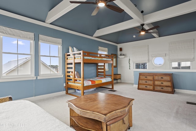 bedroom with carpet floors, baseboards, and crown molding