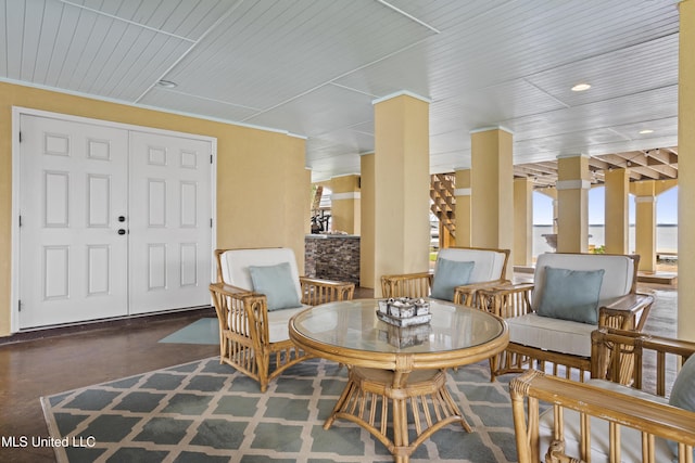 building lobby featuring wood ceiling