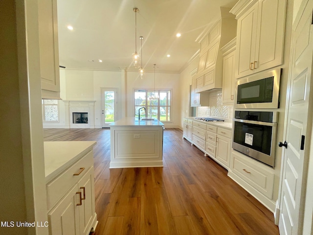 kitchen featuring sink, a center island with sink, dark wood-type flooring, and appliances with stainless steel finishes