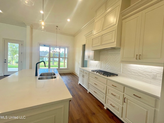 kitchen with sink, an island with sink, dark wood-type flooring, and stainless steel gas stovetop