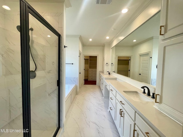 bathroom with vanity, plus walk in shower, and ornamental molding