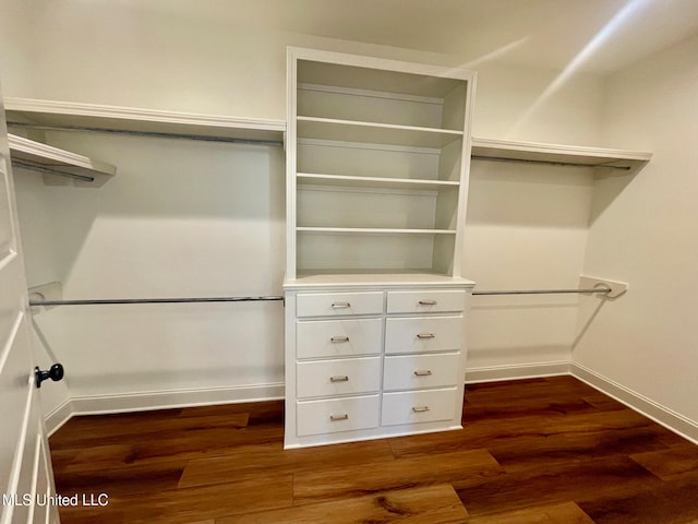 walk in closet with dark wood-type flooring