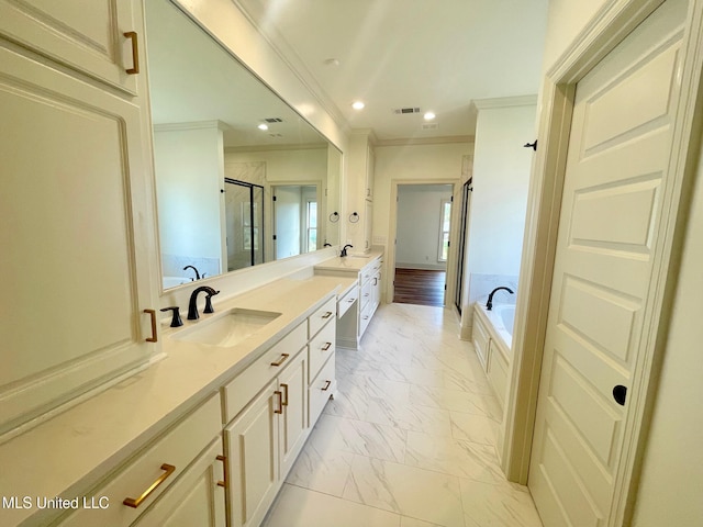 bathroom with vanity, ornamental molding, and plus walk in shower