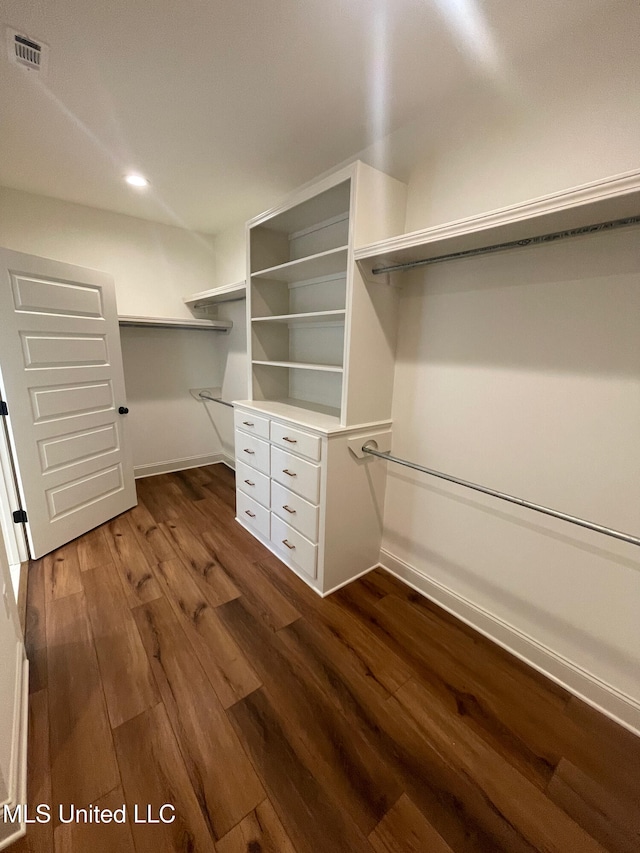 spacious closet featuring dark hardwood / wood-style floors