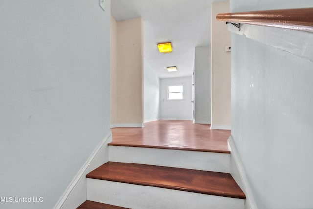 staircase with hardwood / wood-style flooring