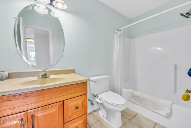 bathroom with vanity, tile patterned flooring, toilet, and shower / tub combo with curtain