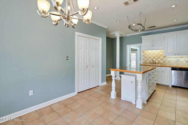 kitchen featuring light tile patterned floors, visible vents, ornamental molding, backsplash, and dishwasher