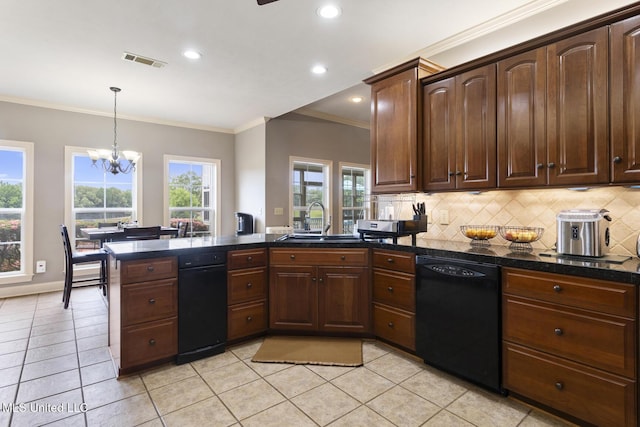 1600 Wright Rd, Raymond, MS 39154 - kitchen featuring black dishwasher, a sink, a peninsula, dark countertops, and a chandelier