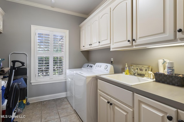 1600 Wright Rd, Raymond, MS 39154 - washroom with cabinet space, independent washer and dryer, ornamental molding, baseboards, and light tile patterned floors
