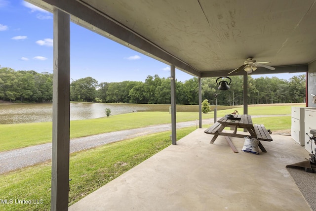 1600 Wright Rd, Raymond, MS 39154 - view of patio / terrace with a water view, ceiling fan, and view of scattered trees