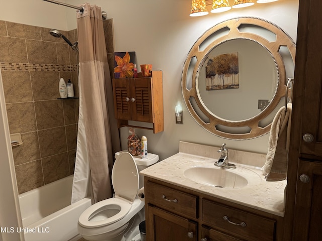 full bathroom with toilet, shower / tub combo, and vanity