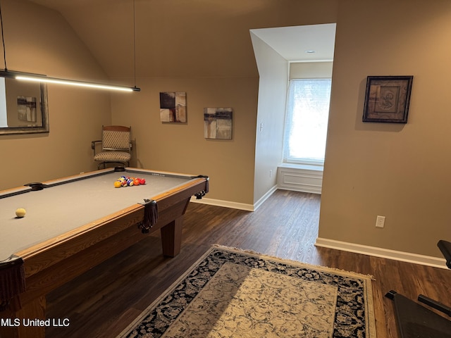 playroom featuring dark wood-style floors, billiards, and baseboards