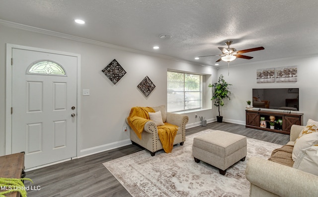 living room featuring dark hardwood / wood-style floors, ceiling fan, ornamental molding, and a textured ceiling