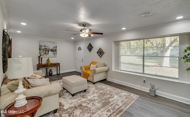 living room featuring hardwood / wood-style flooring, crown molding, and a textured ceiling