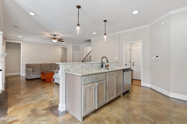 kitchen with finished concrete flooring, dishwasher, a sink, and decorative light fixtures