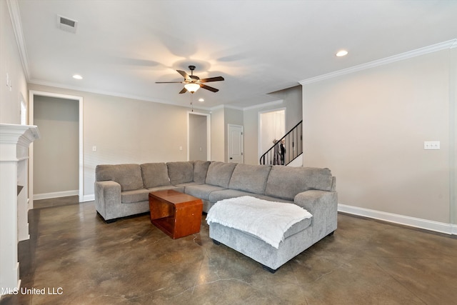 living room featuring ceiling fan and ornamental molding