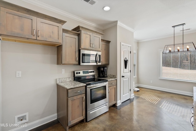 kitchen featuring stainless steel appliances, hanging light fixtures, finished concrete floors, light stone countertops, and baseboards