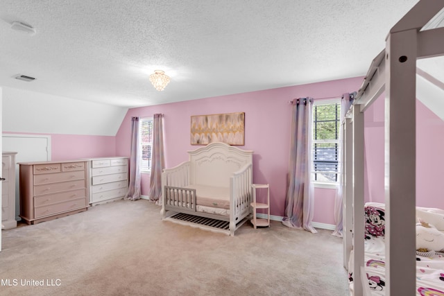 9618 Paige Bayou Rd, Vancleave, MS 39565 - carpeted bedroom with multiple windows, a textured ceiling, lofted ceiling, and baseboards