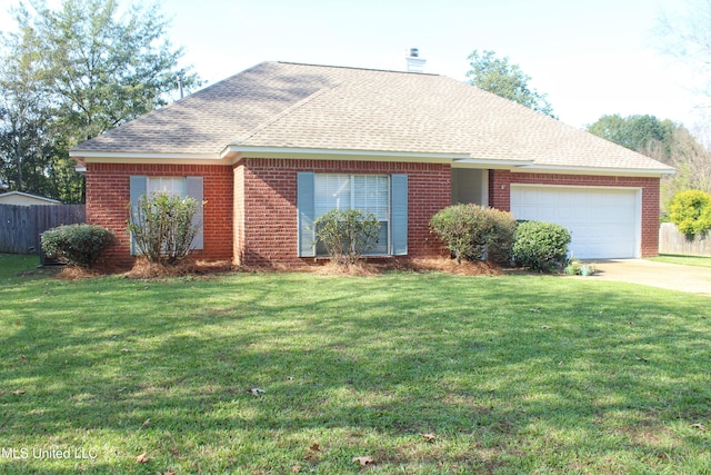 ranch-style house with a garage and a front yard